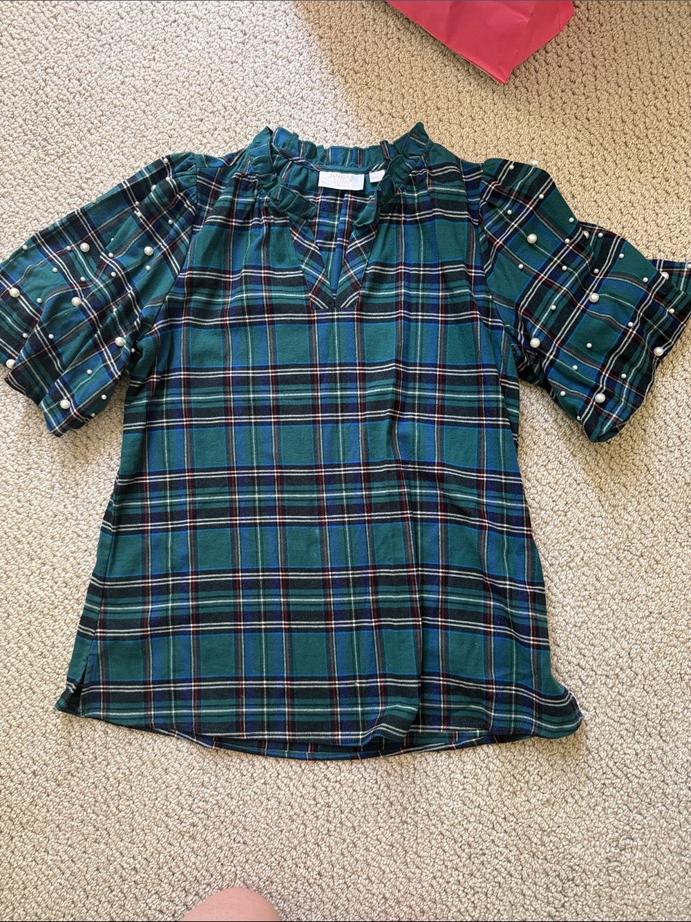 Girls' Green Plaid Ruffle Neck Top with Pearl Sleeve Detail